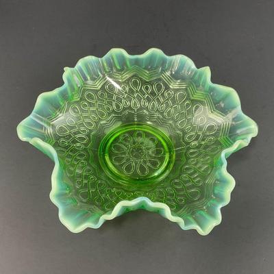 -121- GLASSWARE | Green Opalescent Jefferson Many Loops Small Bowl