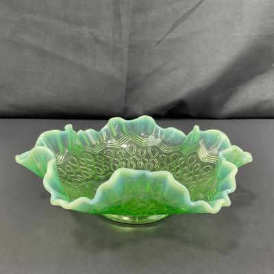 -121- GLASSWARE | Green Opalescent Jefferson Many Loops Small Bowl