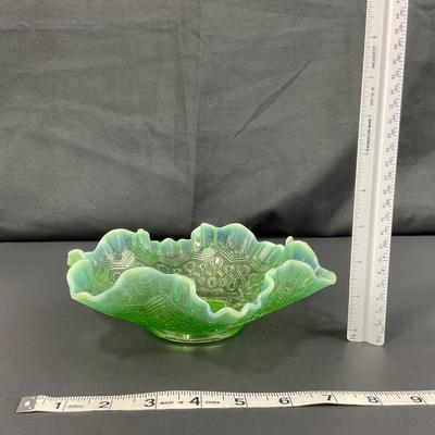 -121- GLASSWARE | Green Opalescent Jefferson Many Loops Small Bowl