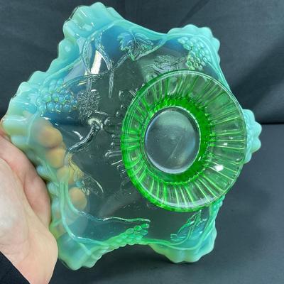 -123- GLASSWARE | Green Opalescent Grape Footed Candy Dish