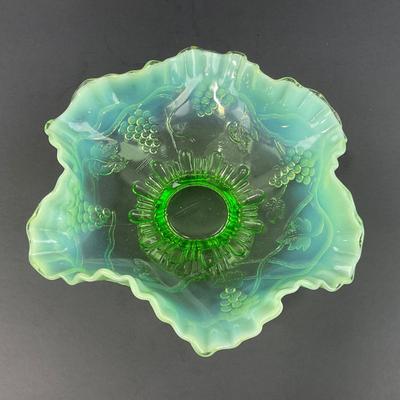 -123- GLASSWARE | Green Opalescent Grape Footed Candy Dish