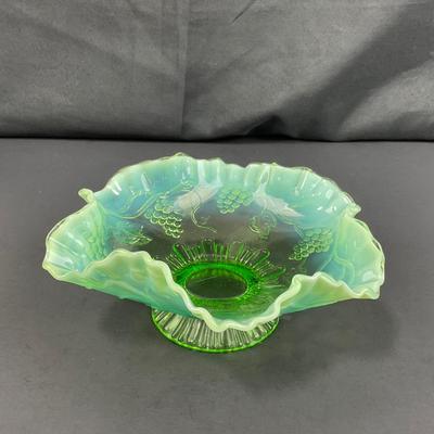 -123- GLASSWARE | Green Opalescent Grape Footed Candy Dish