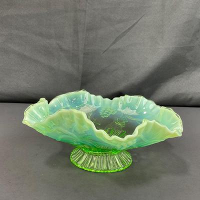 -123- GLASSWARE | Green Opalescent Grape Footed Candy Dish