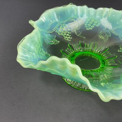 -123- GLASSWARE | Green Opalescent Grape Footed Candy Dish