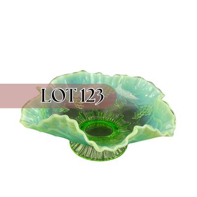 -123- GLASSWARE | Green Opalescent Grape Footed Candy Dish