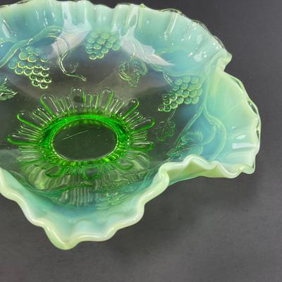 -123- GLASSWARE | Green Opalescent Grape Footed Candy Dish