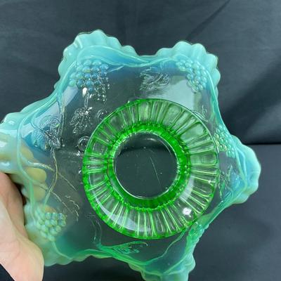 -123- GLASSWARE | Green Opalescent Grape Footed Candy Dish