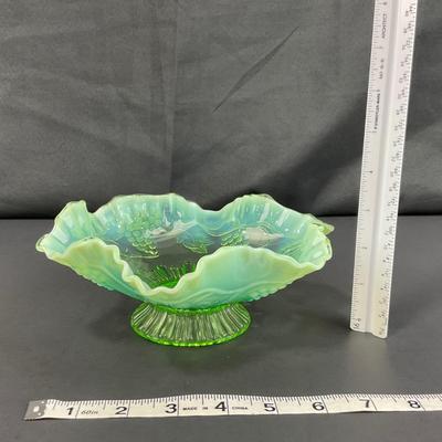 -123- GLASSWARE | Green Opalescent Grape Footed Candy Dish