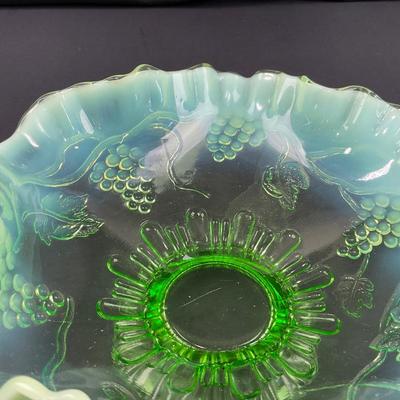 -123- GLASSWARE | Green Opalescent Grape Footed Candy Dish