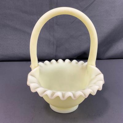 -125- URANIUM | Fenton Ruffled Custard Glass Basket