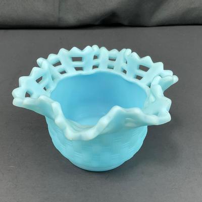 -126- FENTON | Satin Blue Basketweave Small Vase | Marked