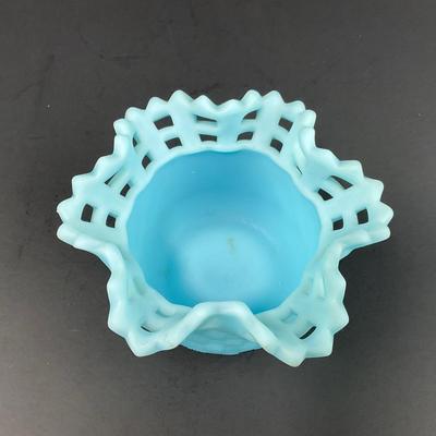 -126- FENTON | Satin Blue Basketweave Small Vase | Marked