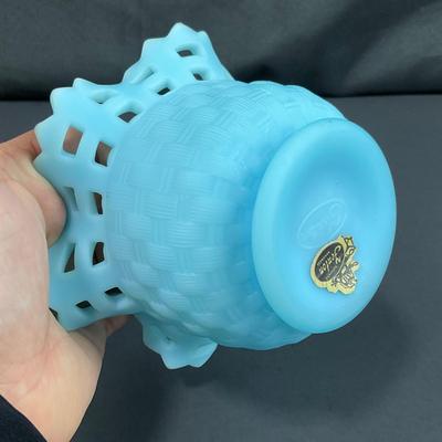 -126- FENTON | Satin Blue Basketweave Small Vase | Marked
