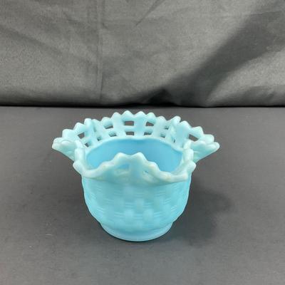 -126- FENTON | Satin Blue Basketweave Small Vase | Marked
