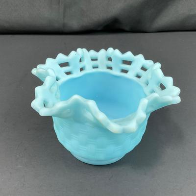 -126- FENTON | Satin Blue Basketweave Small Vase | Marked