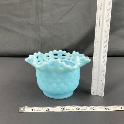 -126- FENTON | Satin Blue Basketweave Small Vase | Marked
