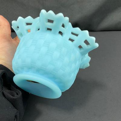 -126- FENTON | Satin Blue Basketweave Small Vase | Marked