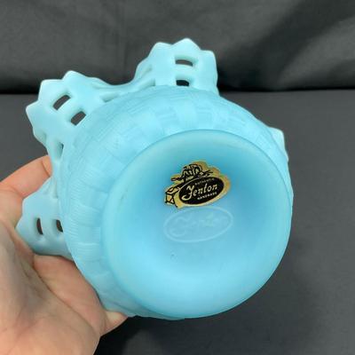 -126- FENTON | Satin Blue Basketweave Small Vase | Marked