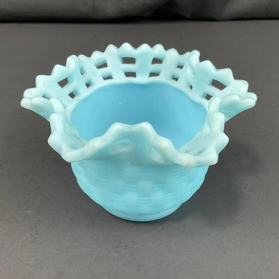 -126- FENTON | Satin Blue Basketweave Small Vase | Marked