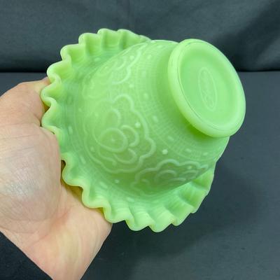 -127- URANIUM | Fenton Satin Custard Glass Ruffled Edge Fairy Lamp Base