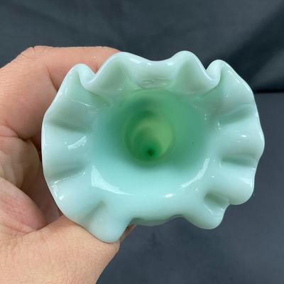 -128- FENTON | Green Pastel Milk Glass Hobnail Three Horn Epergne