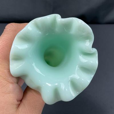 -128- FENTON | Green Pastel Milk Glass Hobnail Three Horn Epergne