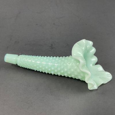 -128- FENTON | Green Pastel Milk Glass Hobnail Three Horn Epergne