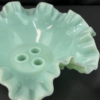 -128- FENTON | Green Pastel Milk Glass Hobnail Three Horn Epergne