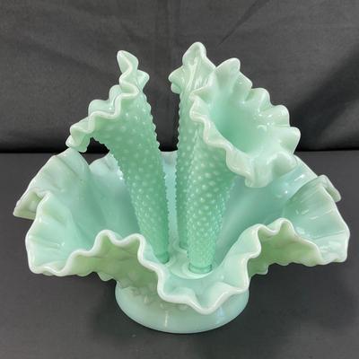 -128- FENTON | Green Pastel Milk Glass Hobnail Three Horn Epergne