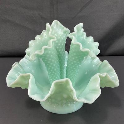 -128- FENTON | Green Pastel Milk Glass Hobnail Three Horn Epergne