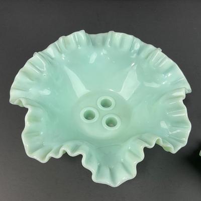 -128- FENTON | Green Pastel Milk Glass Hobnail Three Horn Epergne
