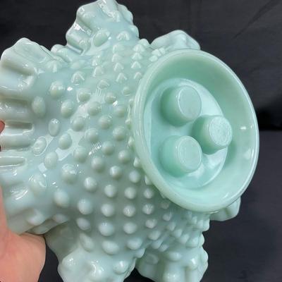 -128- FENTON | Green Pastel Milk Glass Hobnail Three Horn Epergne