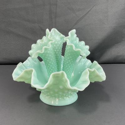 -128- FENTON | Green Pastel Milk Glass Hobnail Three Horn Epergne