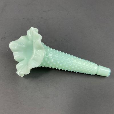 -128- FENTON | Green Pastel Milk Glass Hobnail Three Horn Epergne