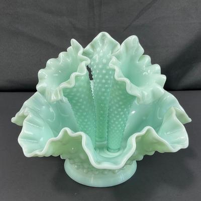 -128- FENTON | Green Pastel Milk Glass Hobnail Three Horn Epergne