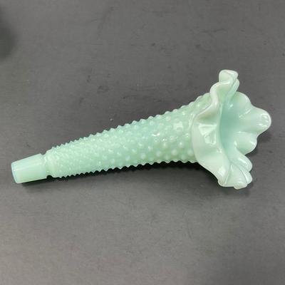 -128- FENTON | Green Pastel Milk Glass Hobnail Three Horn Epergne