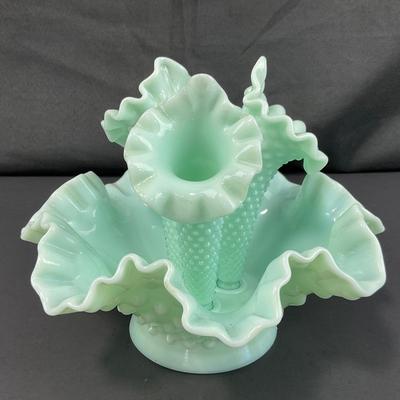 -128- FENTON | Green Pastel Milk Glass Hobnail Three Horn Epergne