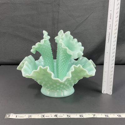 -128- FENTON | Green Pastel Milk Glass Hobnail Three Horn Epergne