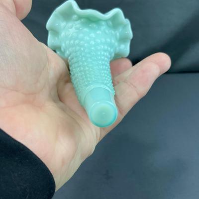 -128- FENTON | Green Pastel Milk Glass Hobnail Three Horn Epergne