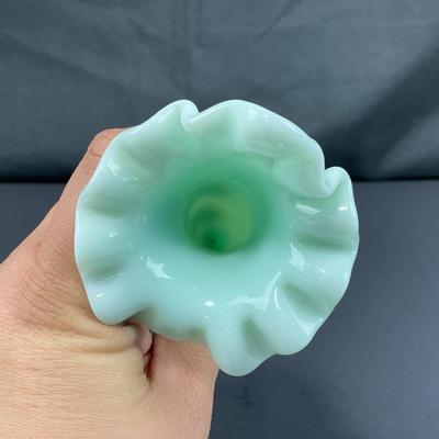 -128- FENTON | Green Pastel Milk Glass Hobnail Three Horn Epergne