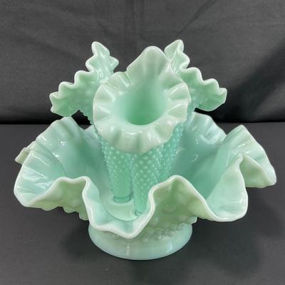 -128- FENTON | Green Pastel Milk Glass Hobnail Three Horn Epergne