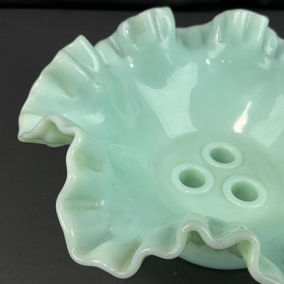 -128- FENTON | Green Pastel Milk Glass Hobnail Three Horn Epergne