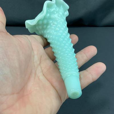 -128- FENTON | Green Pastel Milk Glass Hobnail Three Horn Epergne