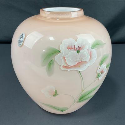 -129- FENTON | Hand Painted Camellia Pink & White Cased Ginger Jar | Marked