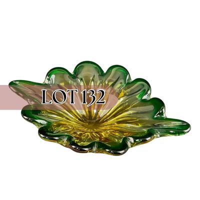 -132- GLASSWARE | Murano Green & Gold Glass Dish
