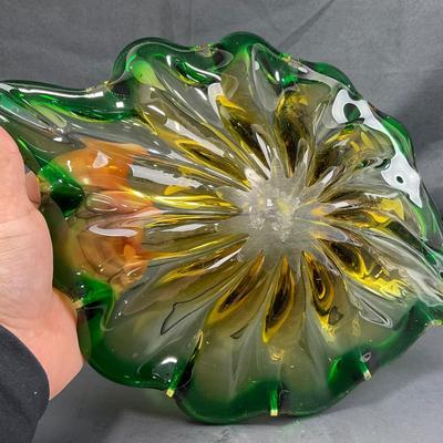 -132- GLASSWARE | Murano Green & Gold Glass Dish
