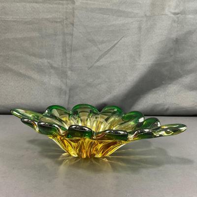 -132- GLASSWARE | Murano Green & Gold Glass Dish
