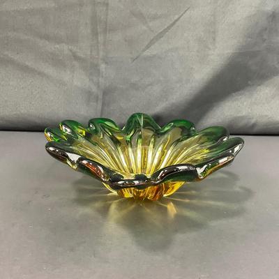 -132- GLASSWARE | Murano Green & Gold Glass Dish