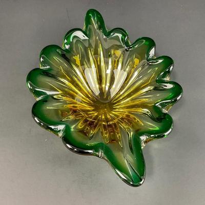 -132- GLASSWARE | Murano Green & Gold Glass Dish