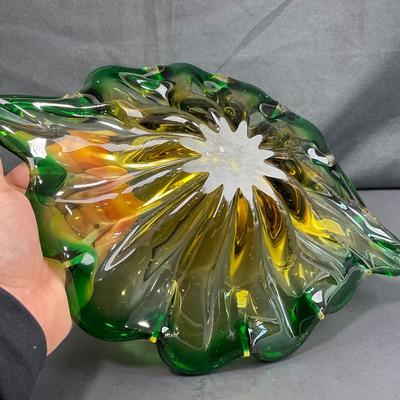 -132- GLASSWARE | Murano Green & Gold Glass Dish